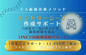 エントリーシート作成サポートのバナー。120分で仕上げ、LINEで回数無制限の安心サポート。