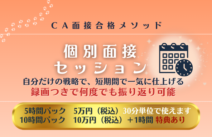 個別面接セッションのバナー。録画つきで何度でも振り返り可能、短期間で仕上げる戦略的サポート。