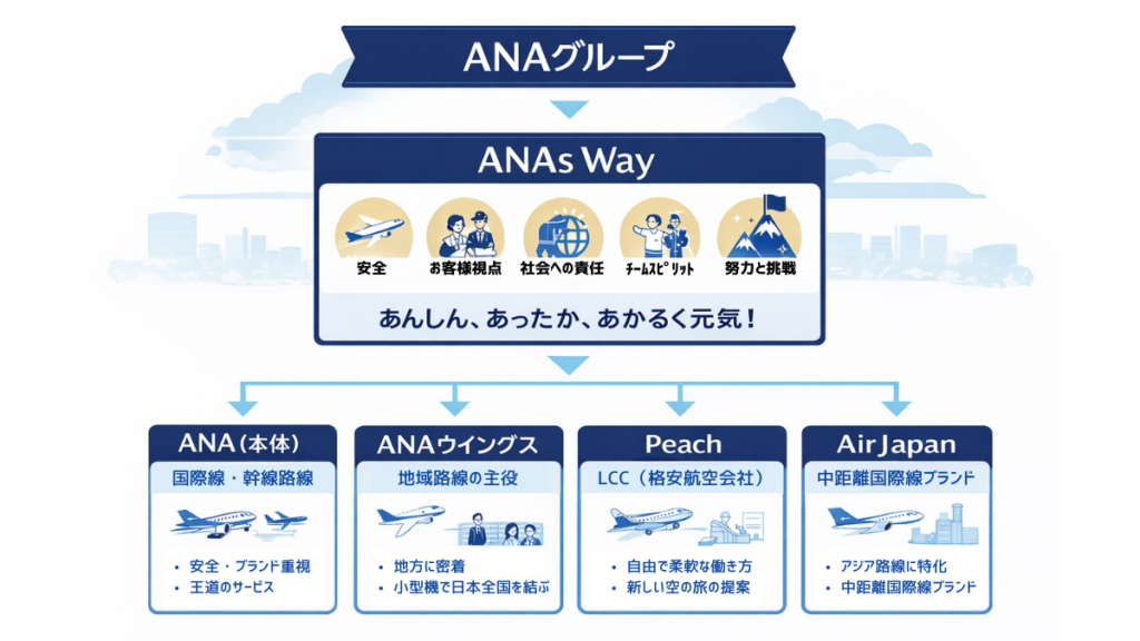 ANAグループの構造図｜ANA本体・ANAウイングス・Peach・AirJapanの役割一覧