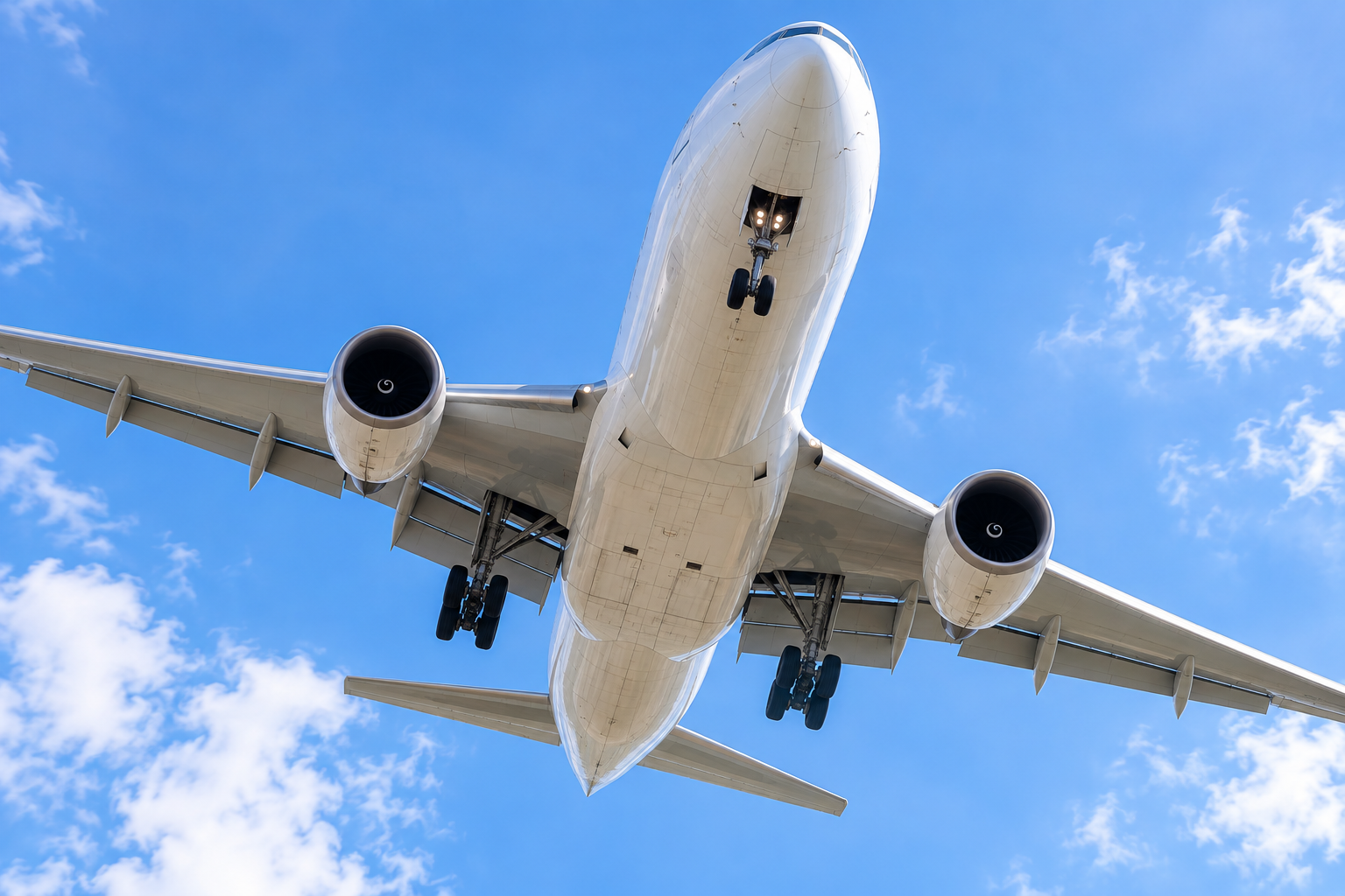 着陸態勢で頭上を通過する旅客機を真下から見上げたイメージ