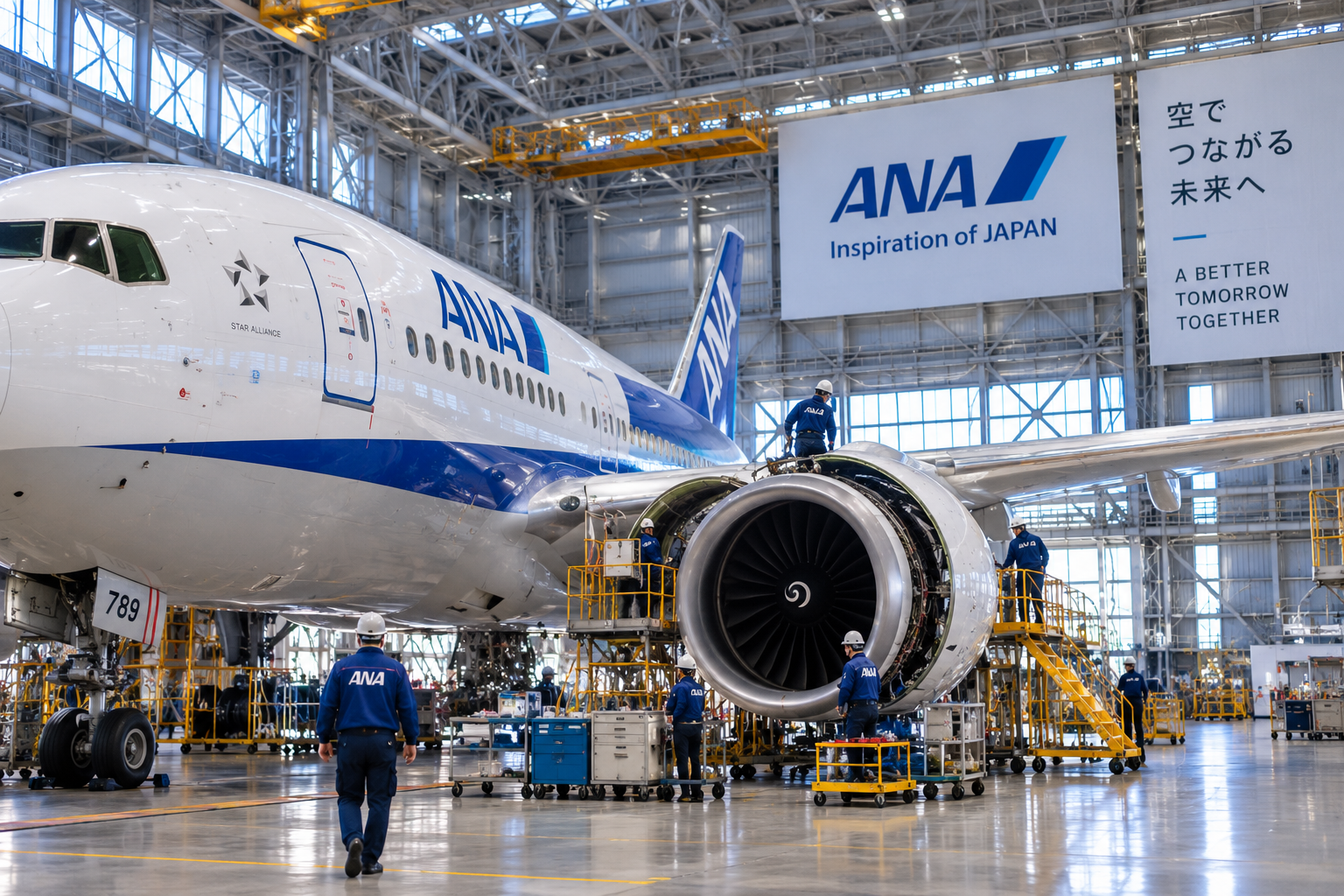 ANAの格納庫で航空機のエンジン整備に携わるスタッフのイメージ