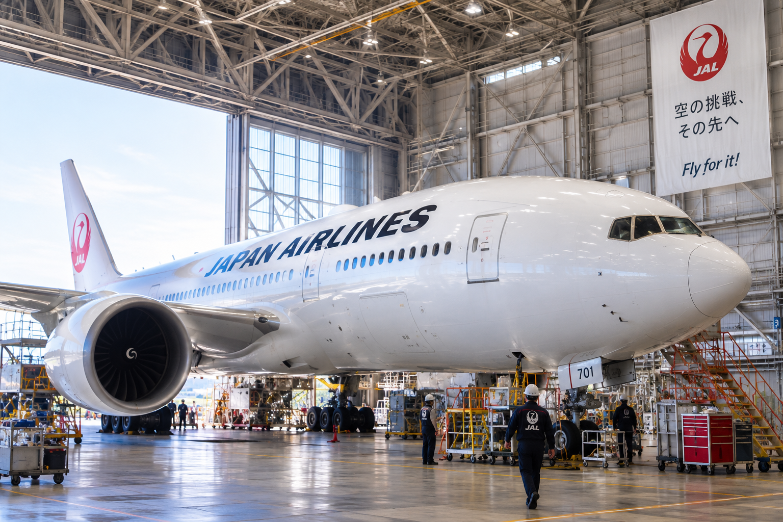 JALの格納庫で航空機の整備に携わるスタッフのイメージ